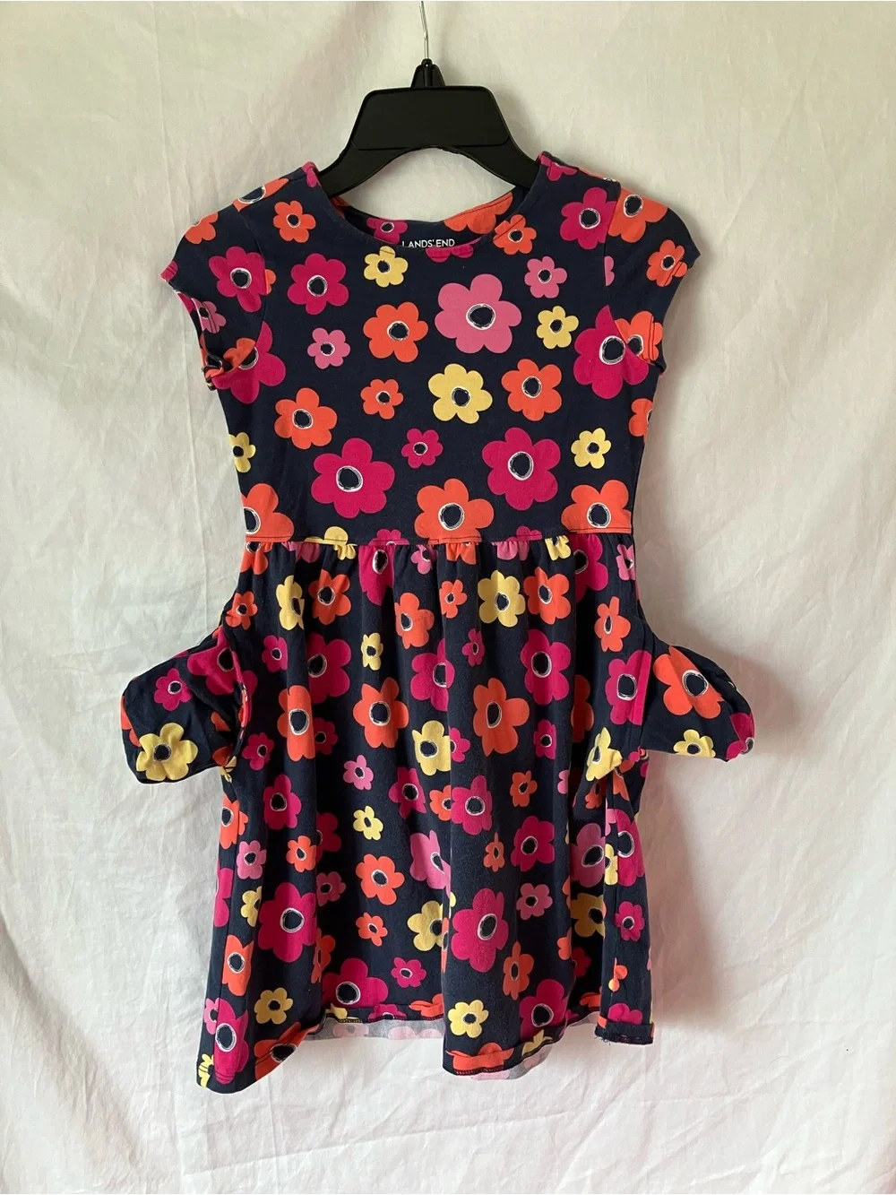 Lands' End Girls Floral Print Cotton Knit Dress with Pockets - Size L (6X-7)